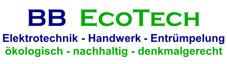 Logo von BB EcoTech mit den Worten Elektrotechnik, Handwerk und Entsorgung in verschiedenen Farben.